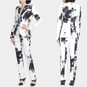 Women Elegant Blue White Floral Two-Piece Suit Set Size M Dress Pants Blazer